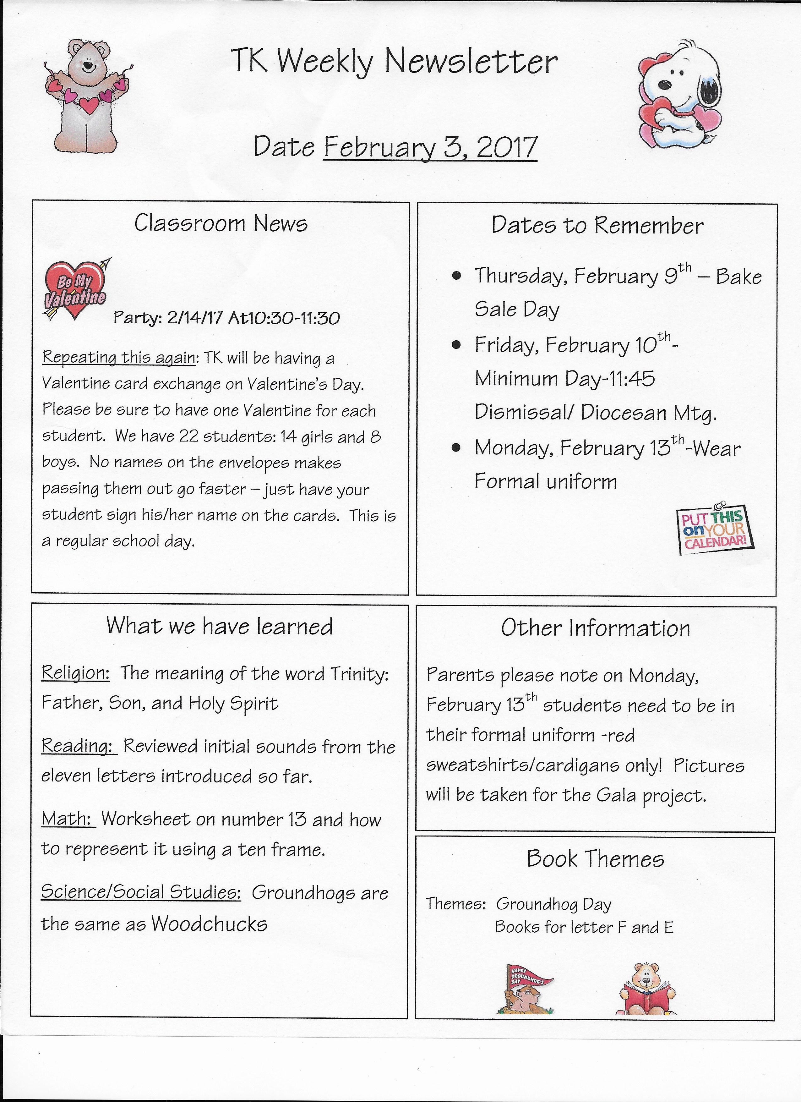 Tk Weekly Newsletters - St. Ignatius Parish School